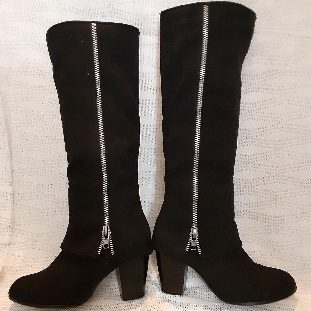 brand unknown.  Tall black micro suede boots.